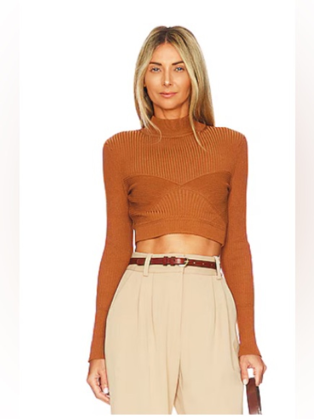NBD Cropped Mock Turtle Neck Sweater in Rust Brown